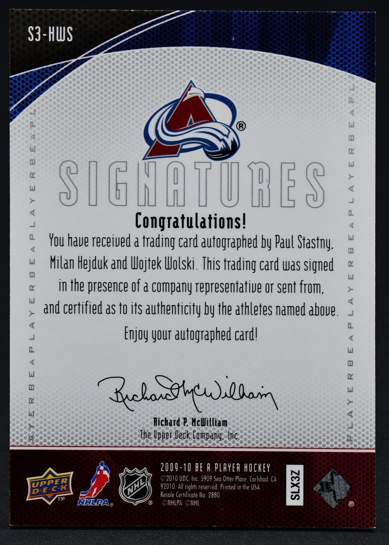 2009-10 UD Be A Player Triple Signatures Stastny/Hejduk/Wolski S3-HWS Auto