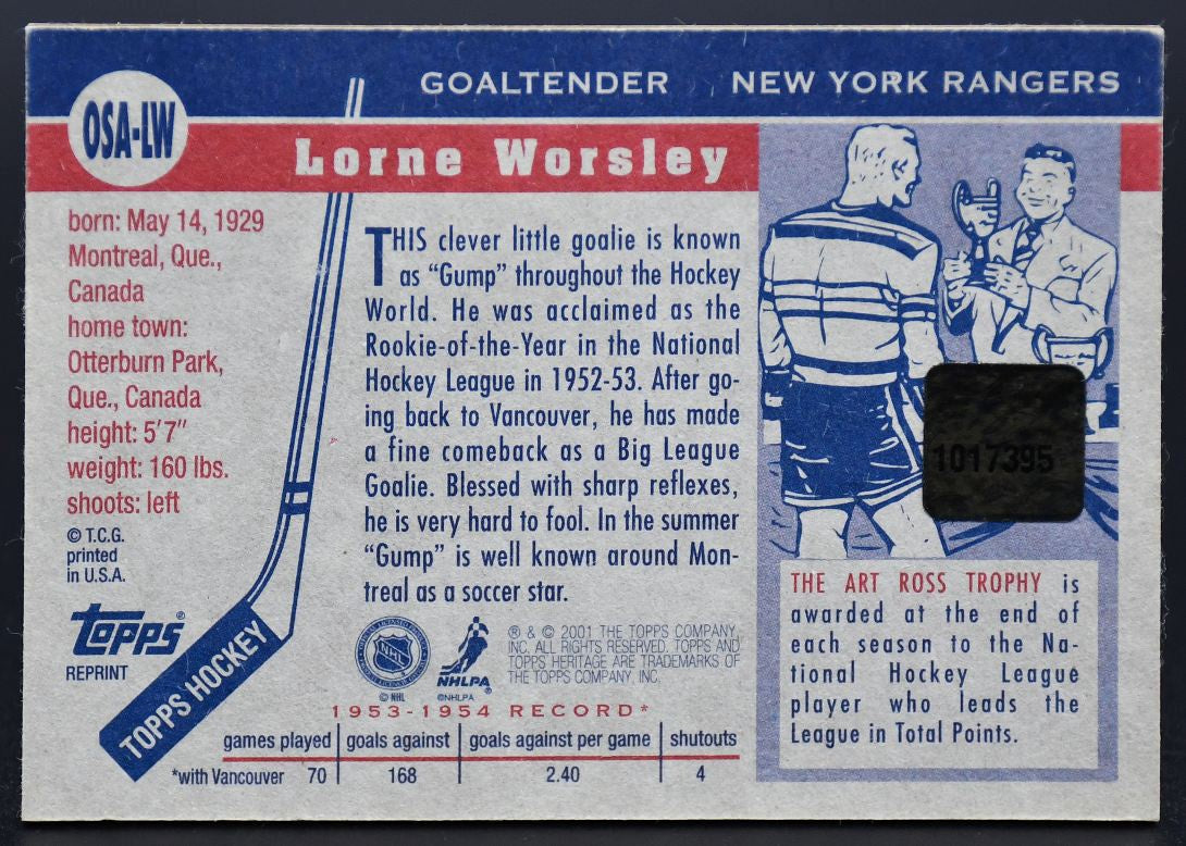 2001-02 Topps Heritage Lorbe Worsley OSA-LW Pads