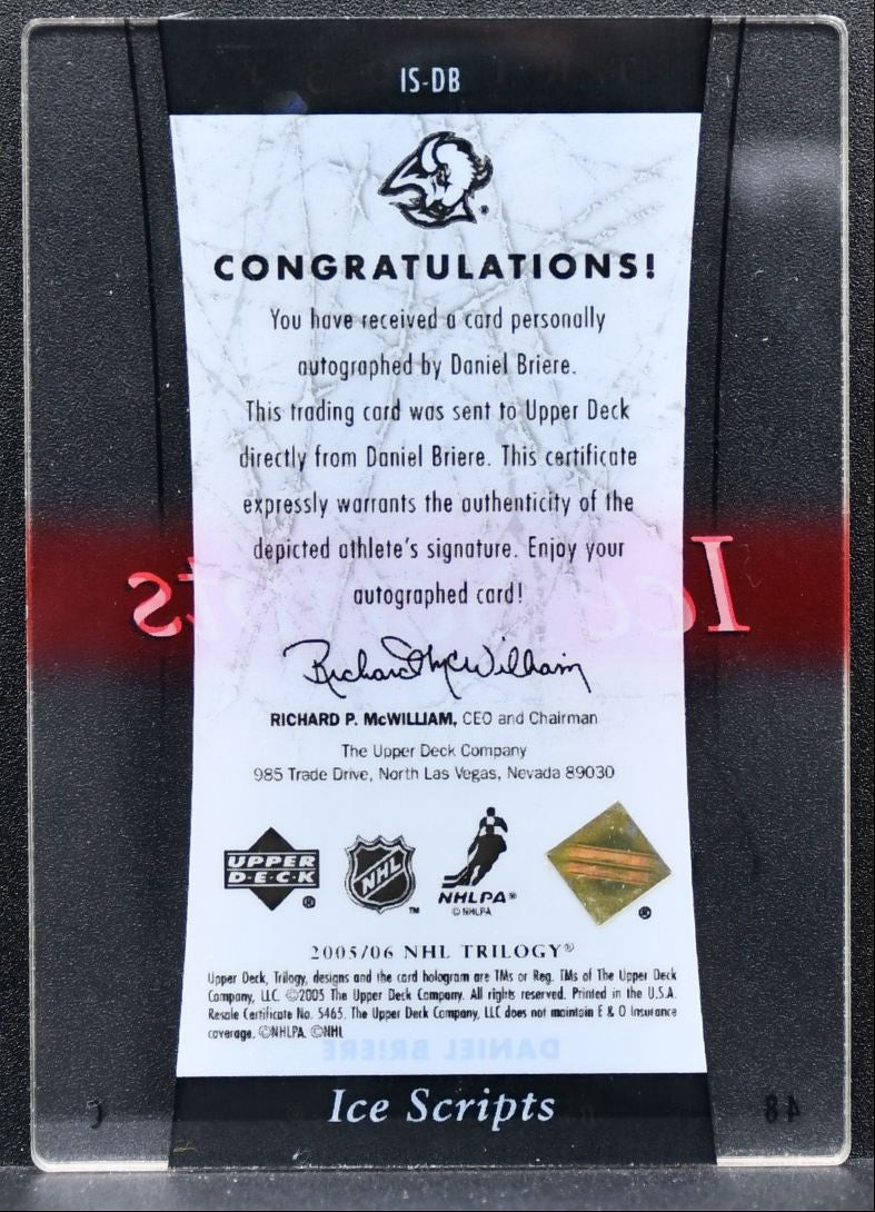 2005-06 Upper Deck Trilogy Ice Scripts Daniel Briere Buffalo Sabres Auto 0253