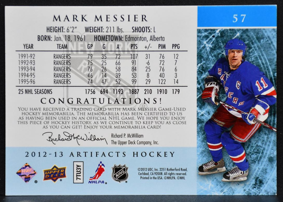 2012-13 UD Artifacts Silver Jersey Mark Messier 57 Rangers 070/125 Jersey 6859