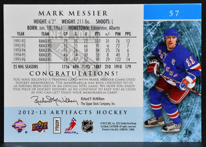 2012-13 UD Artifacts Silver Jersey Mark Messier 57 Rangers 070/125 Jersey 6859