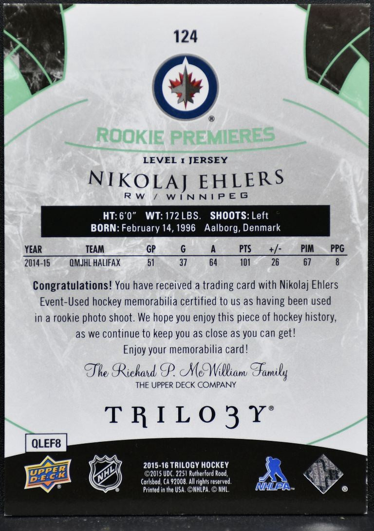 2015-16 UD Trilogy Rookie Premieres Level 1 Jersey Ehlers RC Jersey 9608
