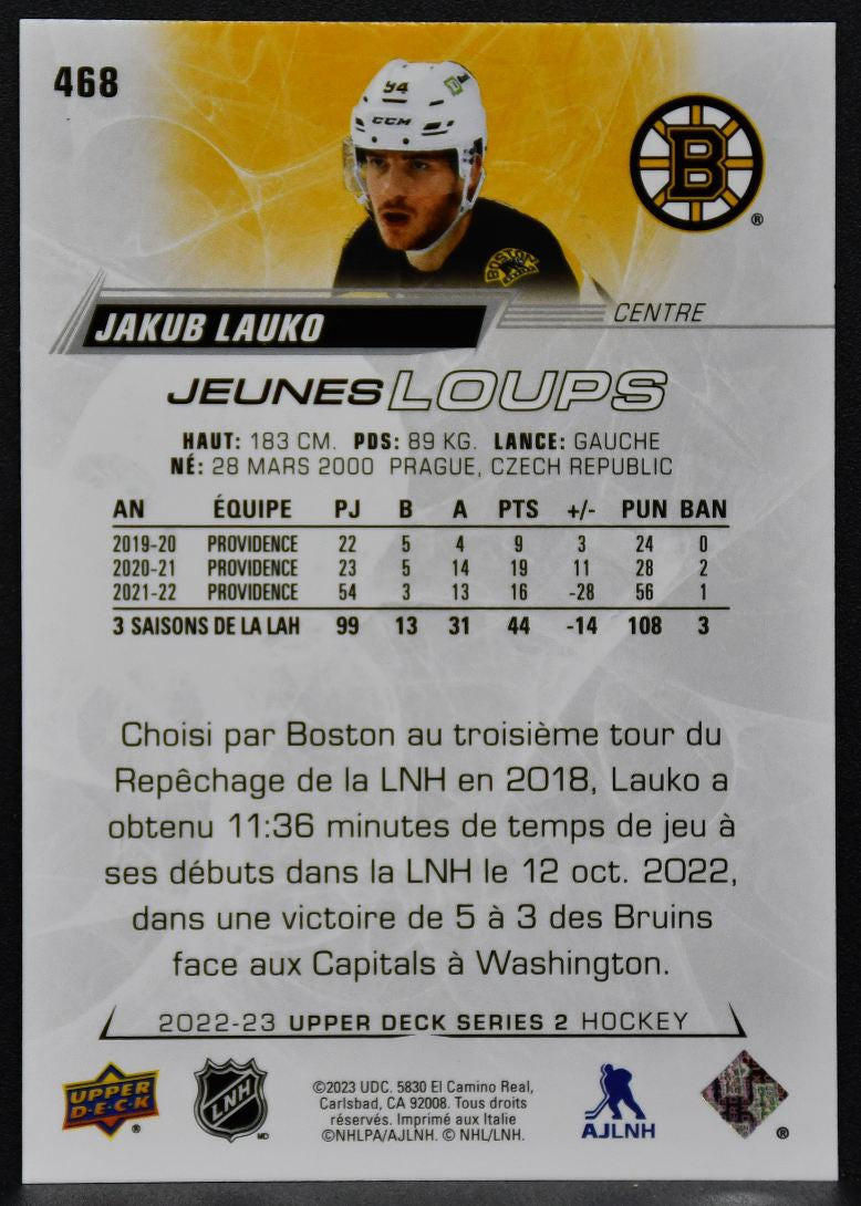 22-23 UD Series 2 Young Guns Variante FranÃ§aise Jakub Lauko 468 Bruins RC 4787