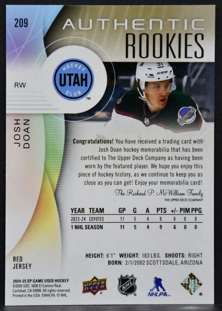 24-25 SP Game Used Authentic RCs Red Jersey Josh Doan 209 Coyotes RC Jersey 2806