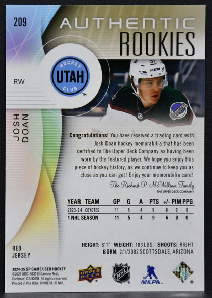 24-25 SP Game Used Authentic RCs Red Jersey Josh Doan 209 Coyotes RC Jersey 2806