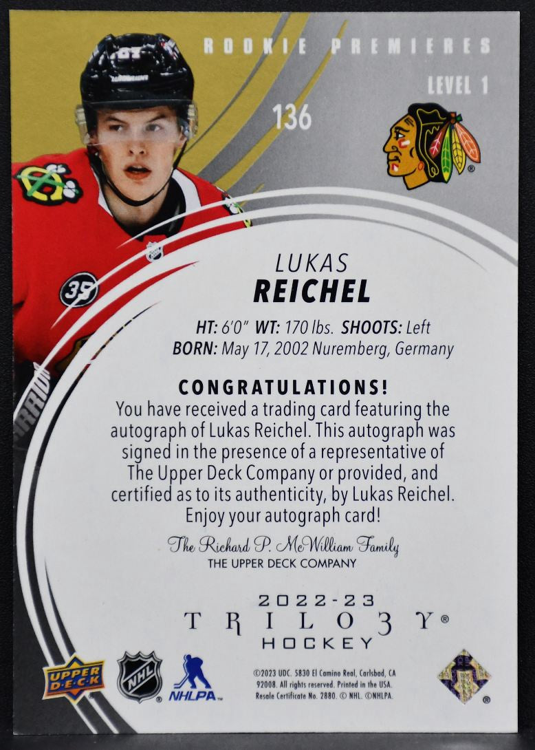22-23 UD Trilogy RC Premieres Auto lvl1 Lukas Reichel Blackhawks RC Auto /299 6041