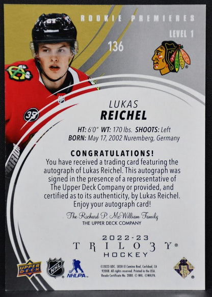22-23 UD Trilogy RC Premieres Auto lvl1 Lukas Reichel Blackhawks RC Auto /299 6041