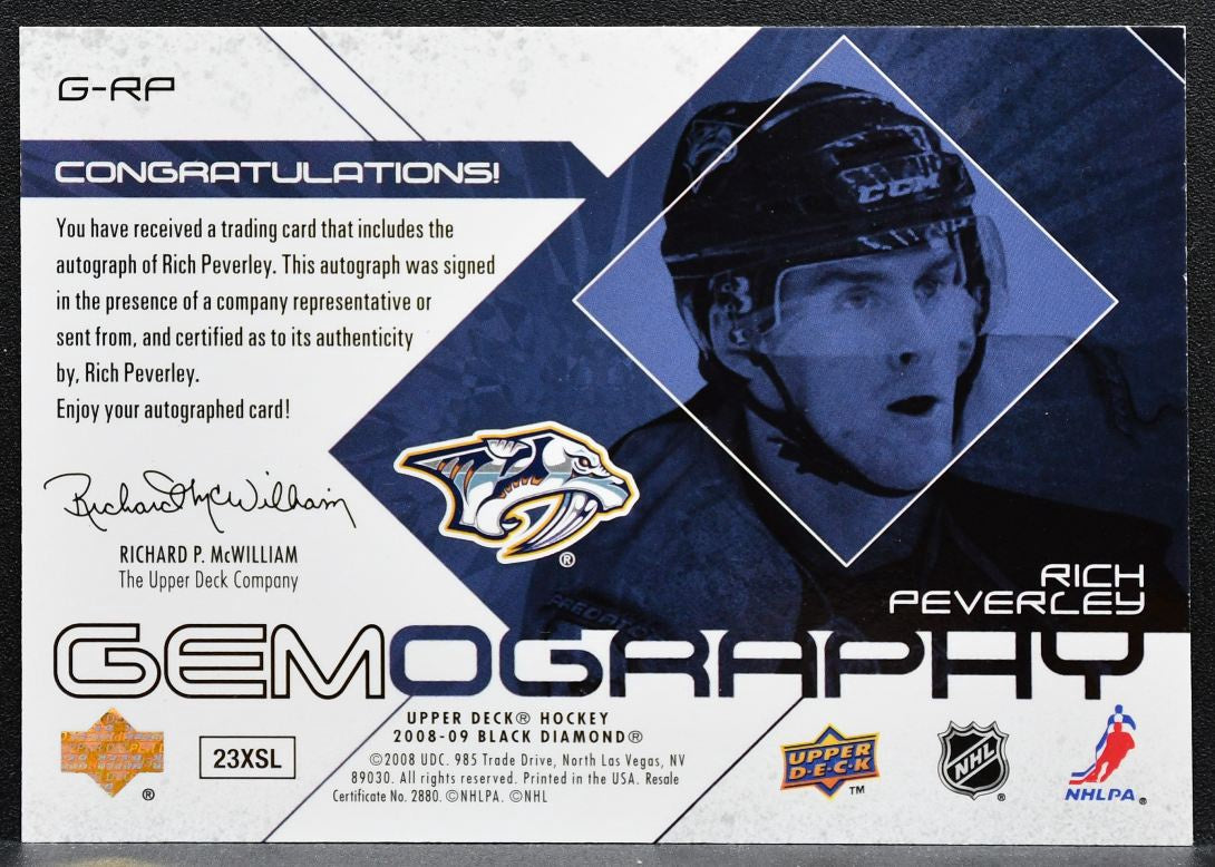 2008-09 UD Black Diamond Gemography Rich Peverley G-RP Predators Auto 0550