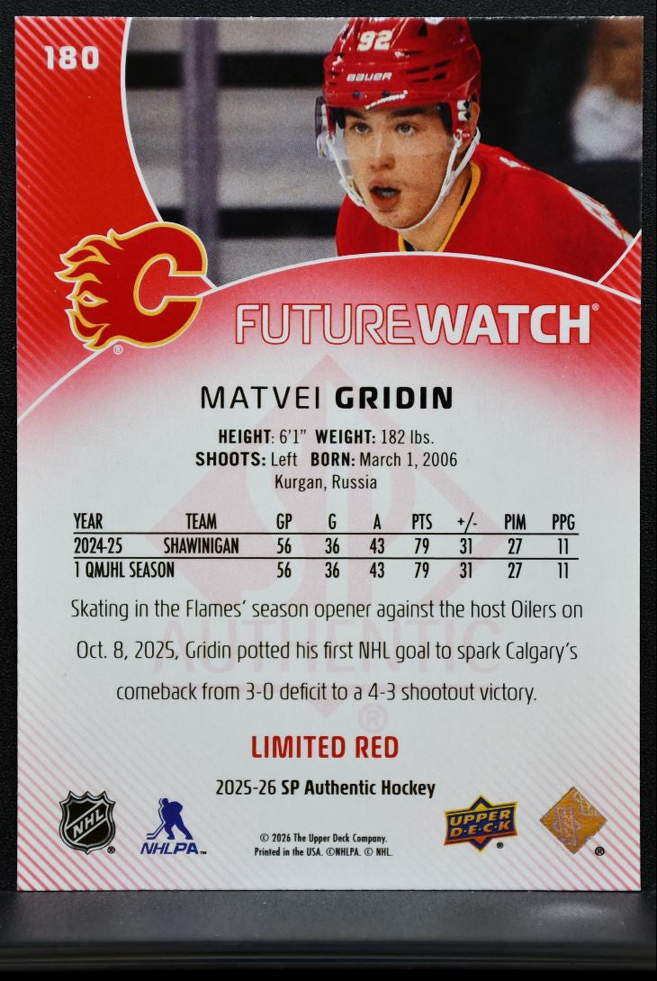 2025-26 SP Authentic Future Watch Limited Red Matvei Gridin 180 Flames RC 3413