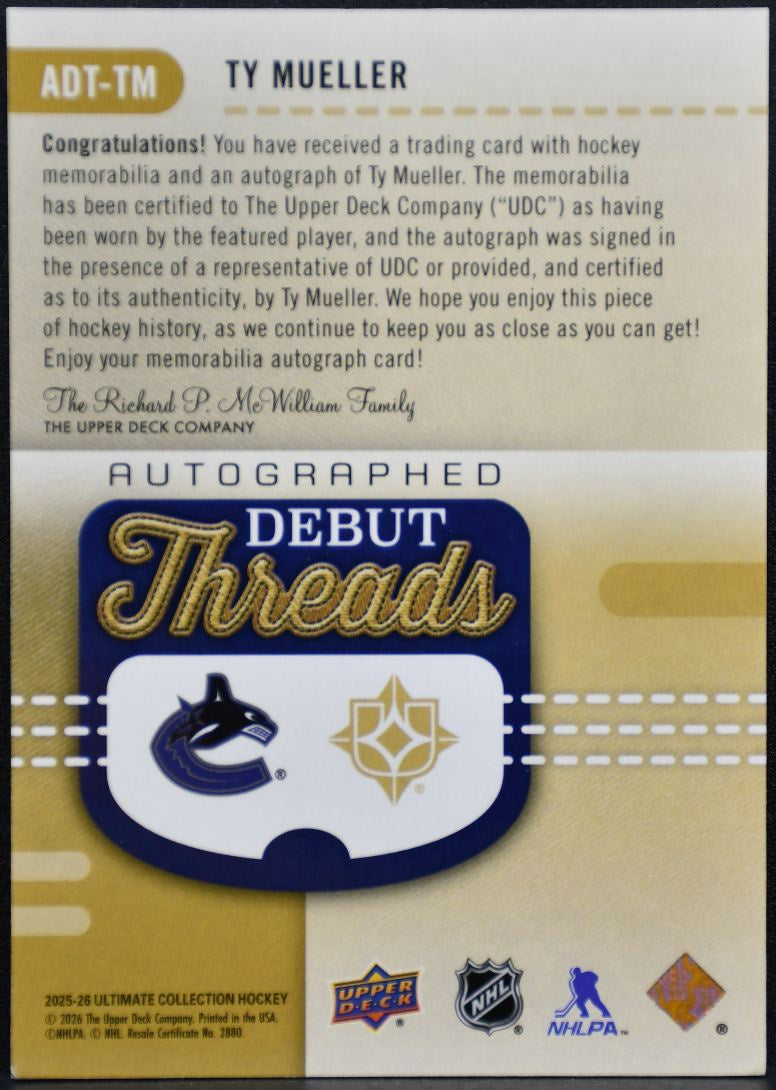 2025-26 UD Ultimate Debut Threads Mueller Canucks RC Auto /199 Patch 4090