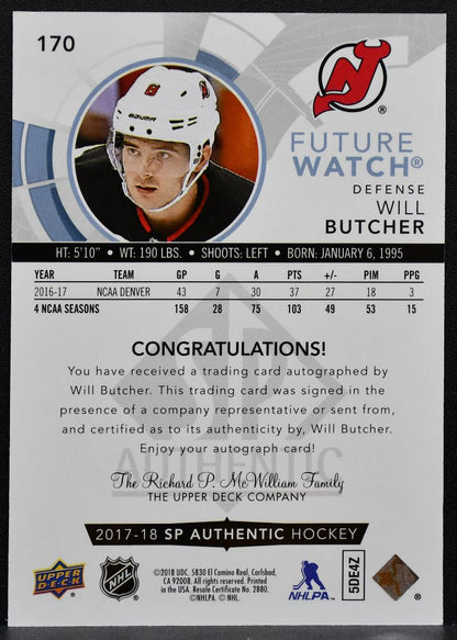 2017-18 SP Authentic Future Watch Auto Will Butcher Devils RC Auto 072/999 1537
