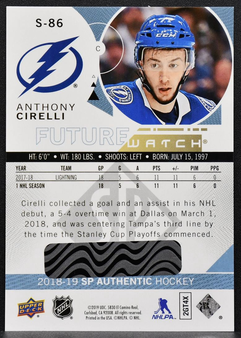 2018-19 SP Authentic Spectrum FX Future Watch Anthony Cirelli S-86 RC 7701