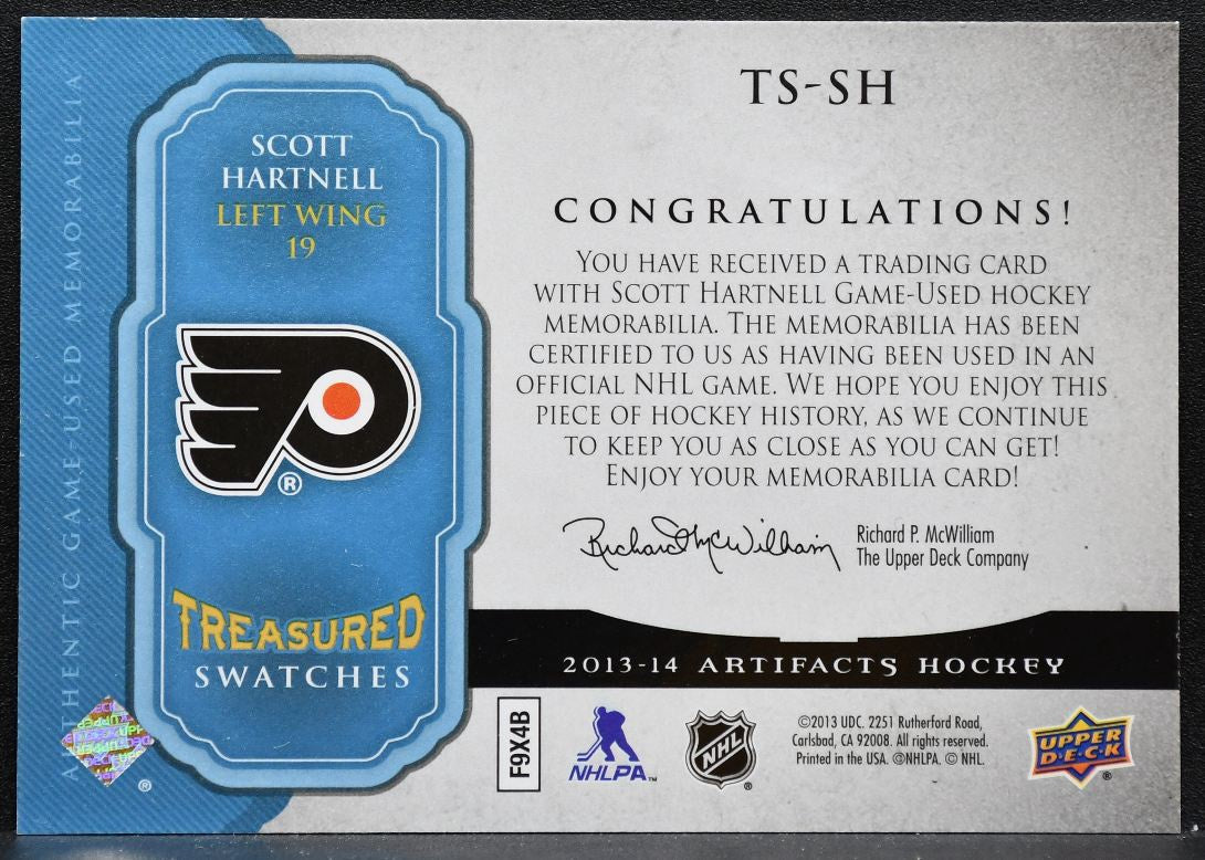 2013-14 UD Artifacts Treasured Swatches Blue Scott Hartnell Flyers Jersey 4898