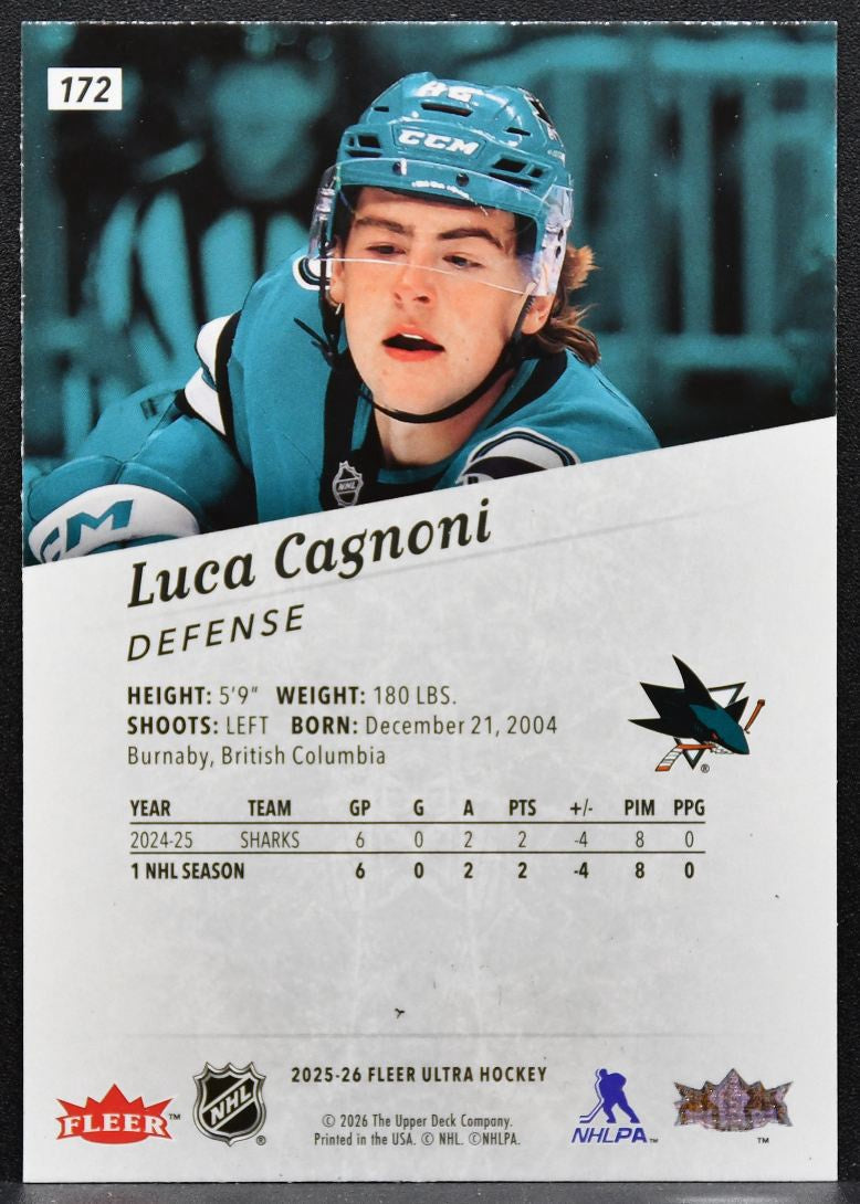 2025-26 Fleer Ultra Rookie Luca Cagnoni 172 San Jose Sharks RC 3905