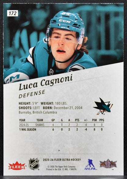 2025-26 Fleer Ultra Rookie Luca Cagnoni 172 San Jose Sharks RC 3905