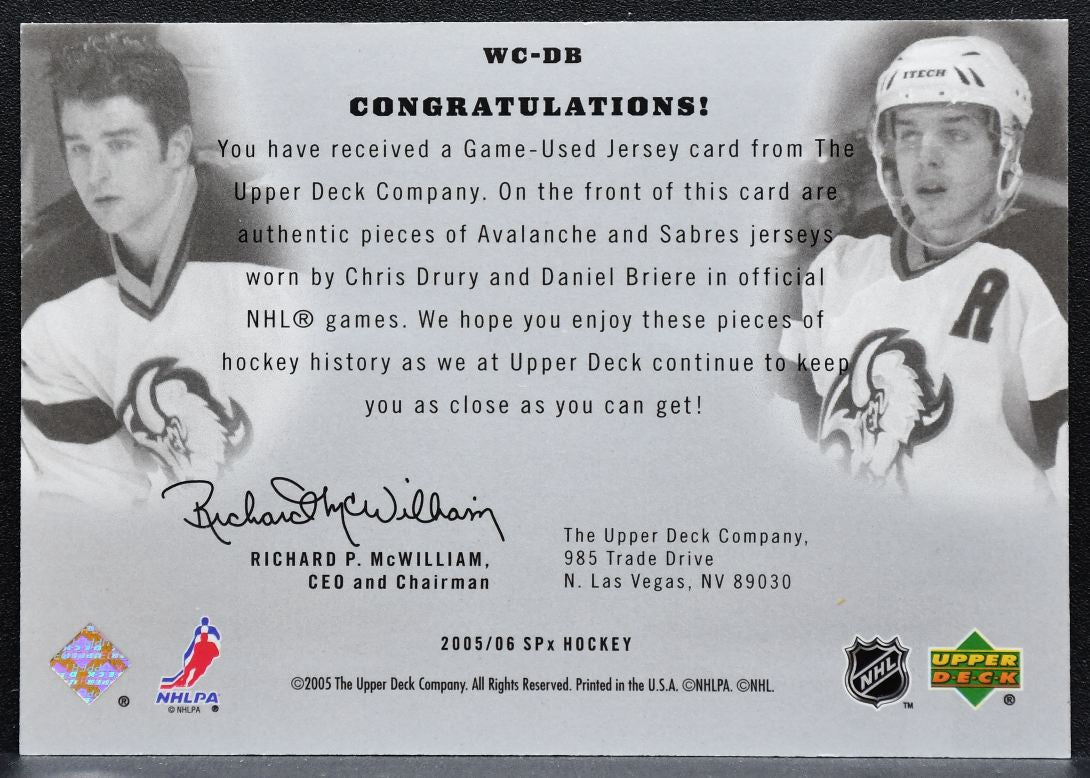 2005-06 SPx Winning Combos Chris Drury/Daniel Briere Sabres 036/350 Jersey 2929