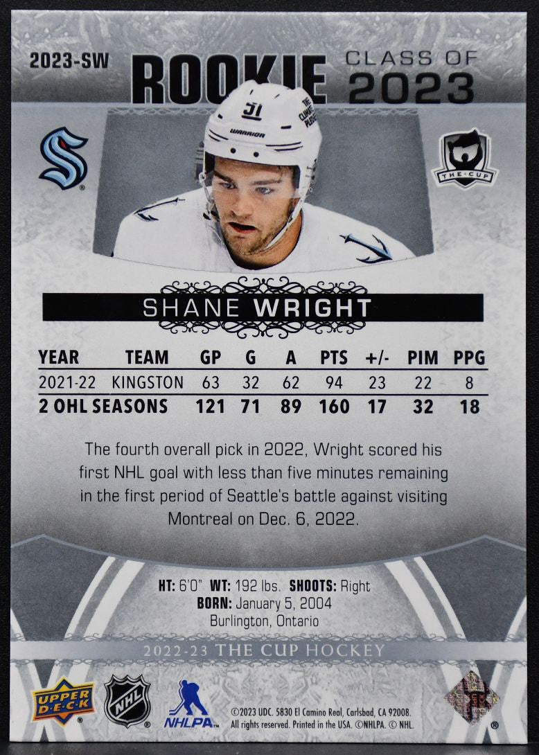 22-23 UD The Cup Rookie Class of 23 Shane Wright 23-SW Seattle Kraken RC 096/249 7863