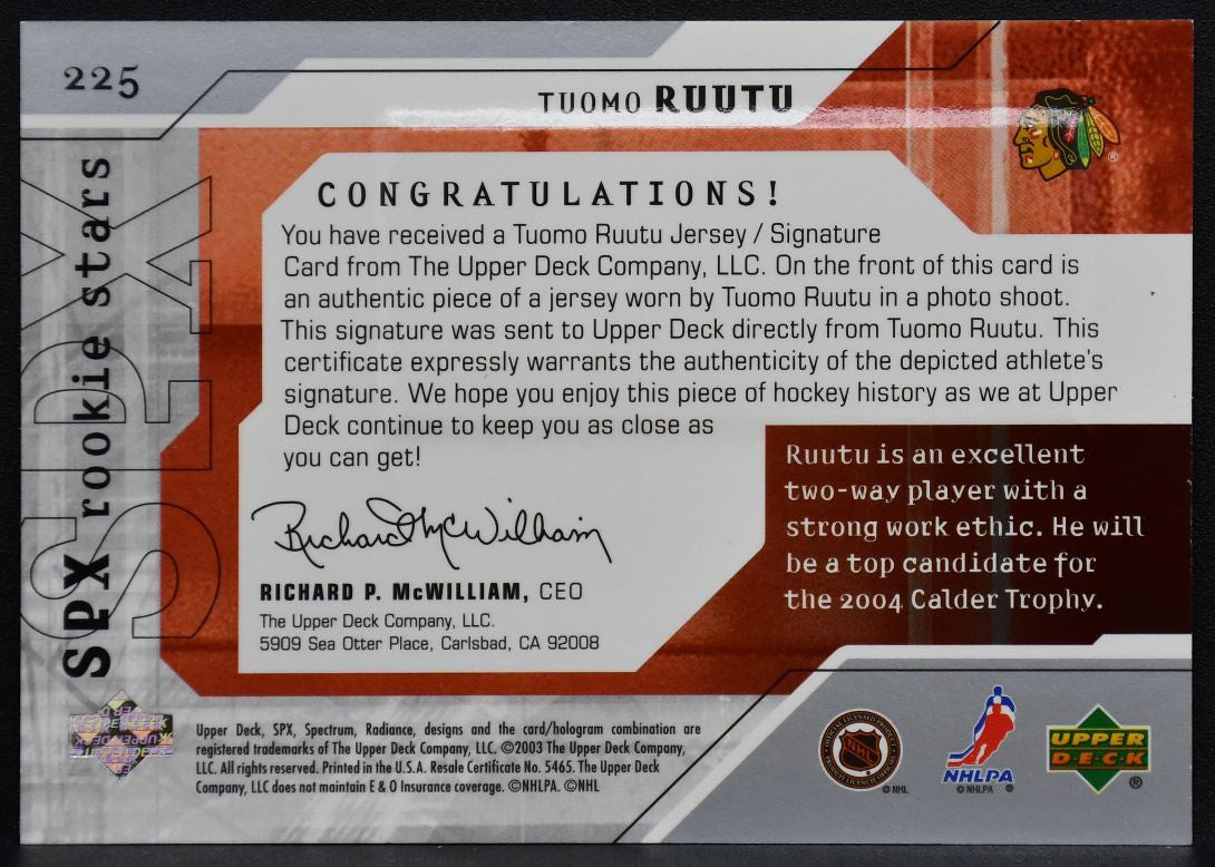 2003-04 SPx Stars Jersey Tuomo Ruutu 225 Blackhawks RC Auto 245/500 Jersey 0331