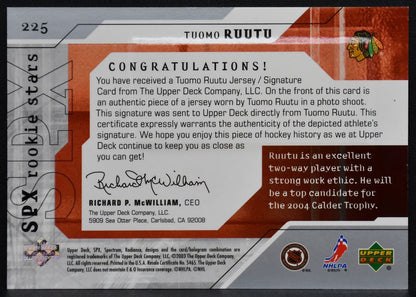 2003-04 SPx Stars Jersey Tuomo Ruutu 225 Blackhawks RC Auto 245/500 Jersey 0331