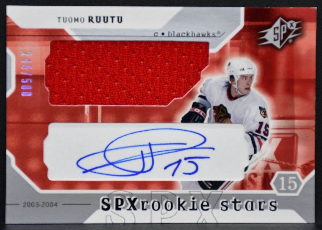 2003-04 SPx Stars Jersey Tuomo Ruutu 225 Blackhawks RC Auto 245/500 Jersey 0331