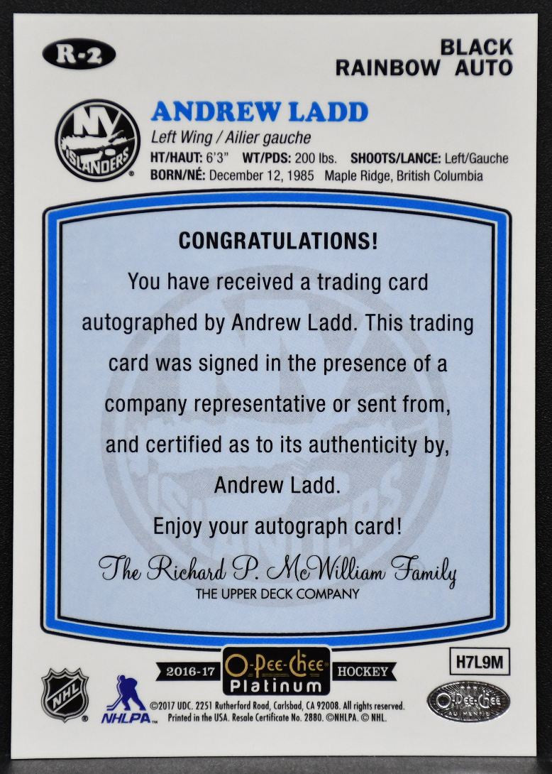 2016-17 OPC Platinum Retro Black Rainbow Andrew Ladd R-2 Islanders Auto 2582