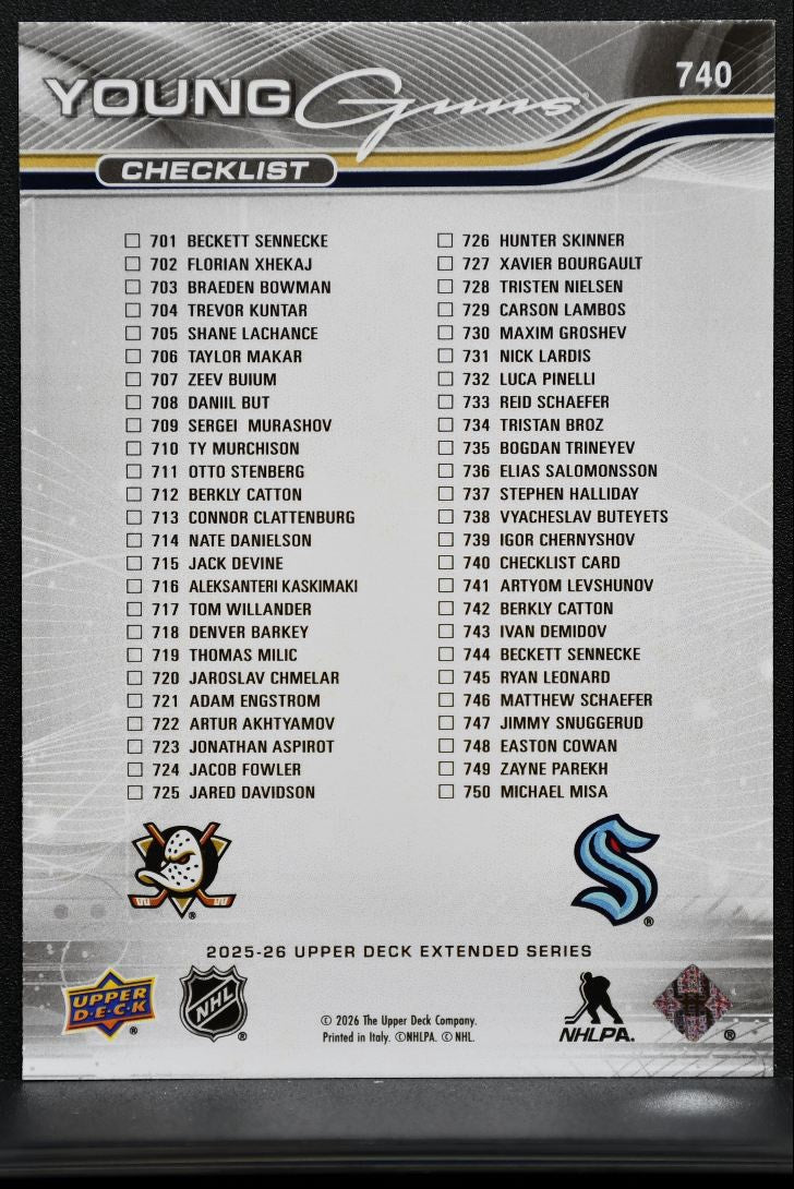 2025-26 UD Extended Series Young Guns Checklist Sennecke / Catton RC 4229