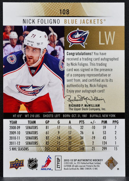 2012-13 SP Authentic Limited Autographs Nick Foligno 108 Jackets Auto 7097
