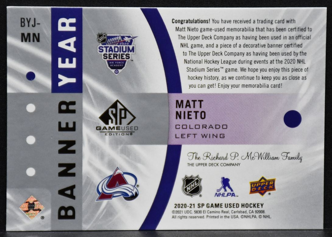2020-21 SP Game Used Matt Nieto BYJ-MN Colorado Avalanche Jersey