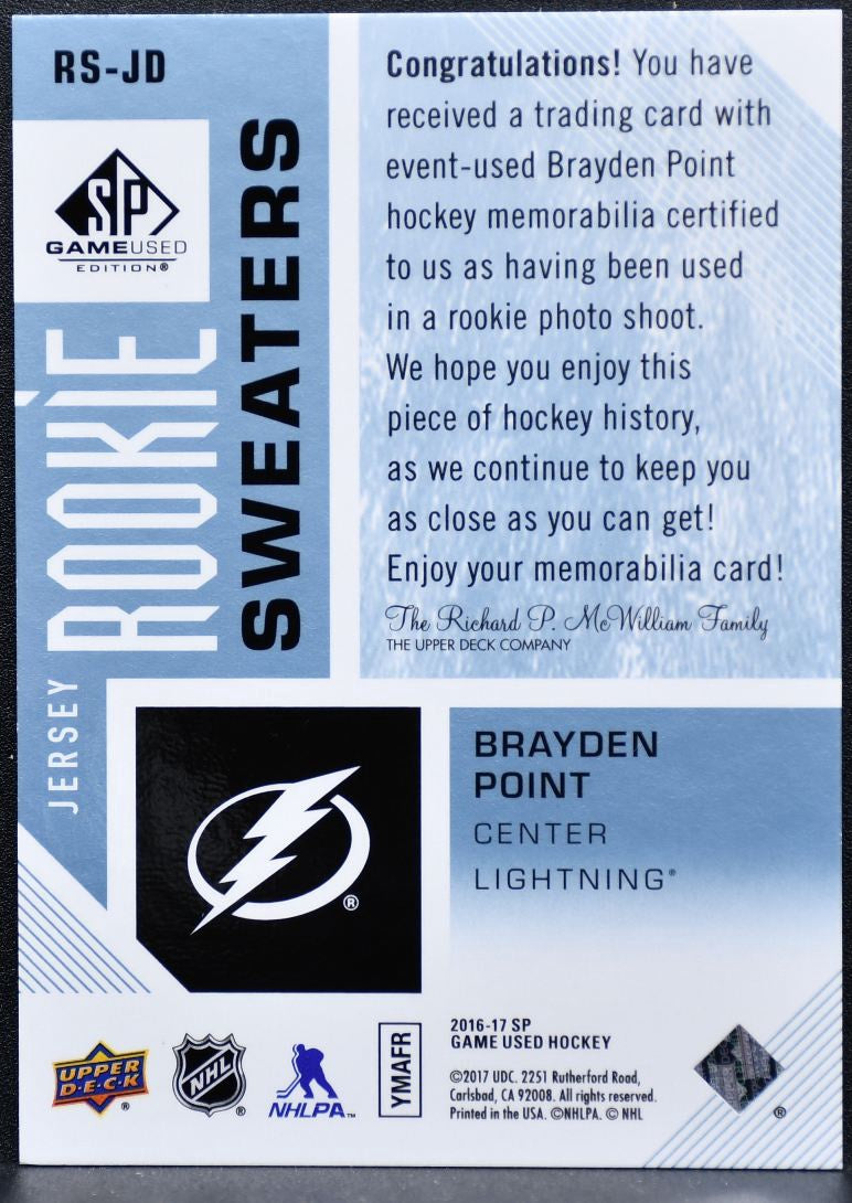 2016-17 SP Game Used Rookie Sweaters Brayden Point Lightning RC /499 Jersey 8990