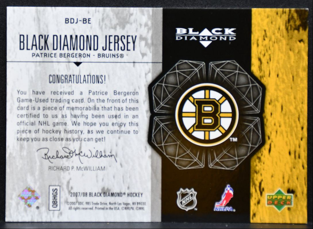 2007-08 Upper Deck Black Diamond Jerseys Patrice Bergeron Bruins Jersey 5388