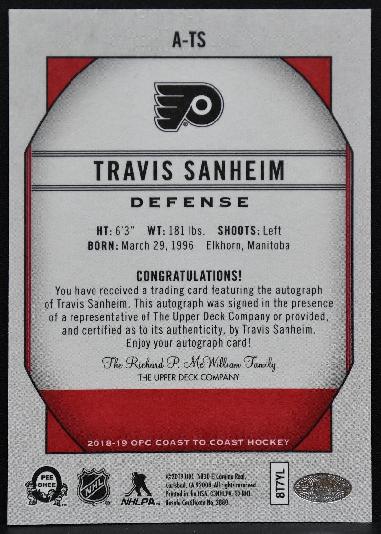 2018-19 OPC Coast to Coast Autographs Travis Sanheim A-TS Flyers Auto 1554