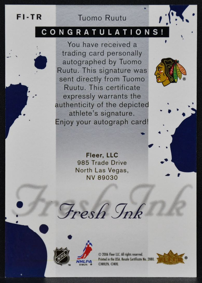 2005-06 Fleer Ultra Fresh Ink Tuomo Ruutu FI-TR Chicago Blackhawks Auto 9871