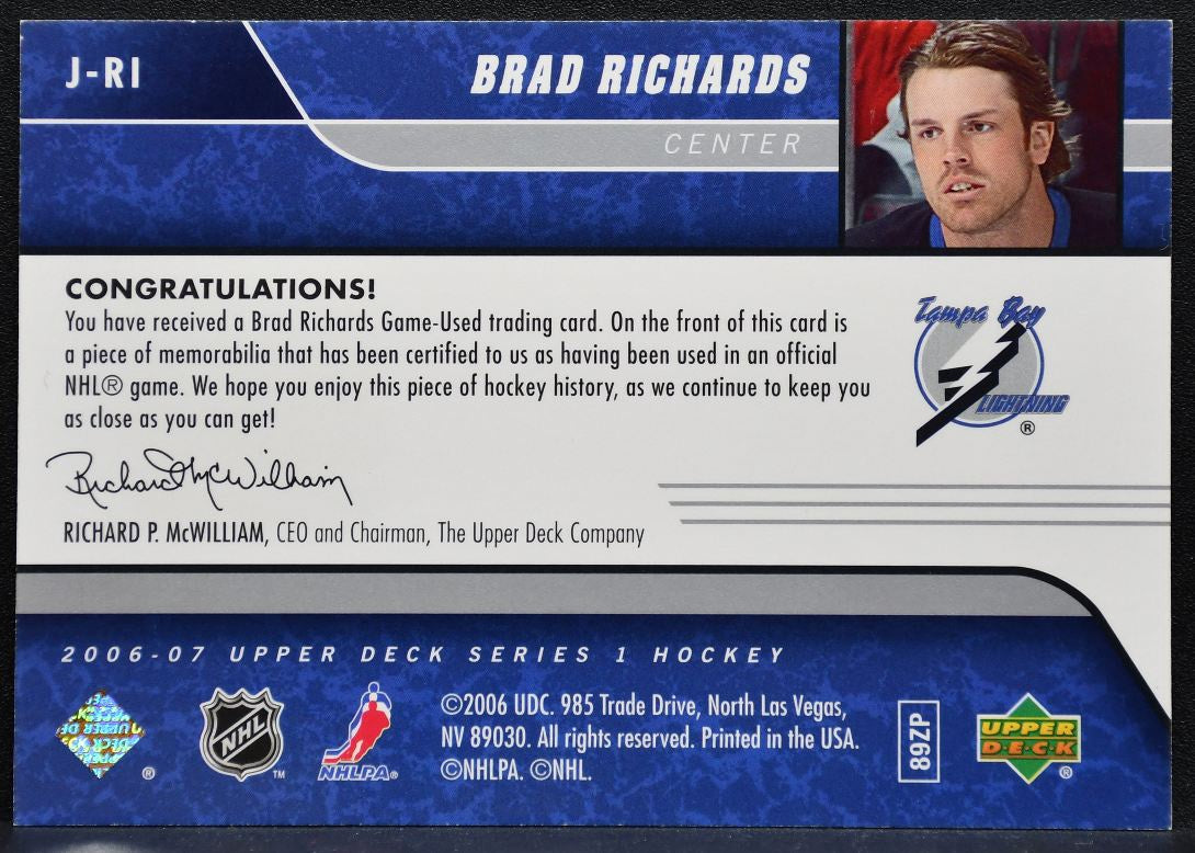 2006-07 Upper Deck Series 1 UD Game Jerseys Brad Richards Lightning Jersey 8568