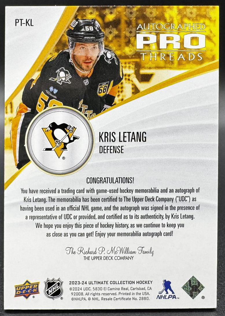 2023-24 UD Ultimate collection Kris Letang 68 Pittsburgh Penguins AUTO Patch /49
