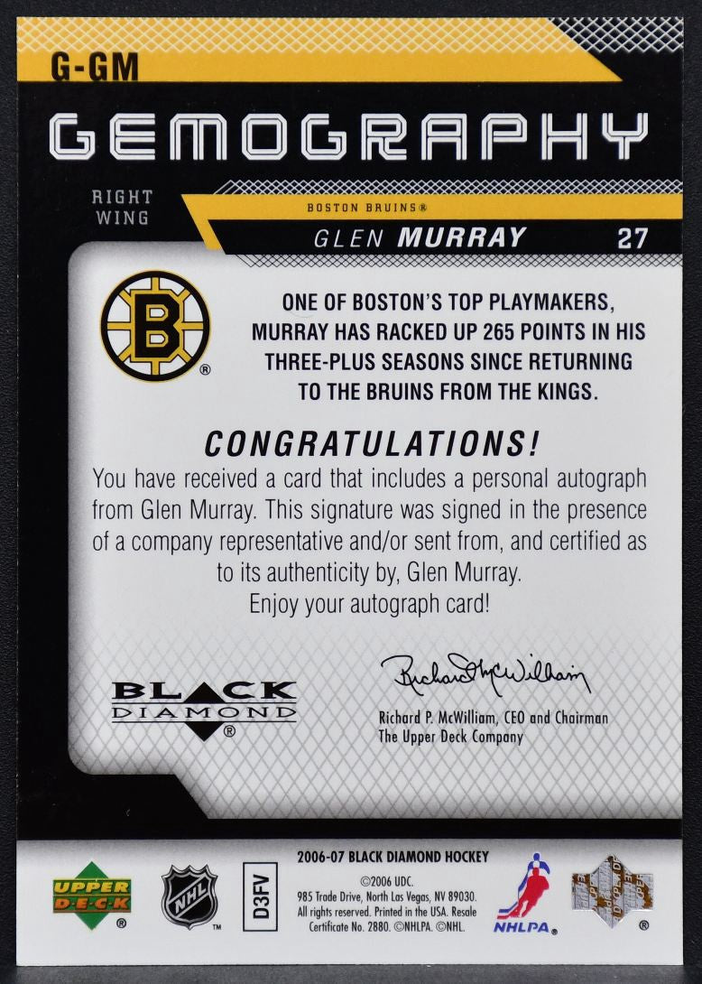 2006-07 Upper Deck Black Diamond Gemography Glen Murray G-GM Bruins Auto 0058