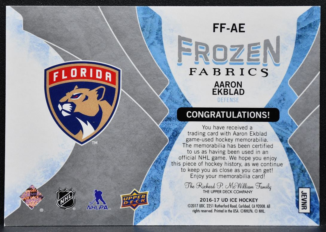 2016-17 Upper Deck Ice Frozen Fabrics Aaron Ekblad FF-AE Panthers Jersey 5449