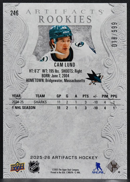 2025-26 Upper Deck Artifacts Rookies Cam Lund 246 RC 018/999 6605