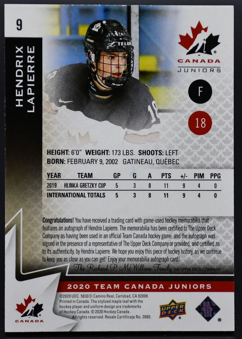 2020-21 UD Team Canada Juniors Base Jerseys Lapierre Team Canada Auto /199
