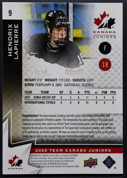 2020-21 UD Team Canada Juniors Base Jerseys Lapierre Team Canada Auto /199