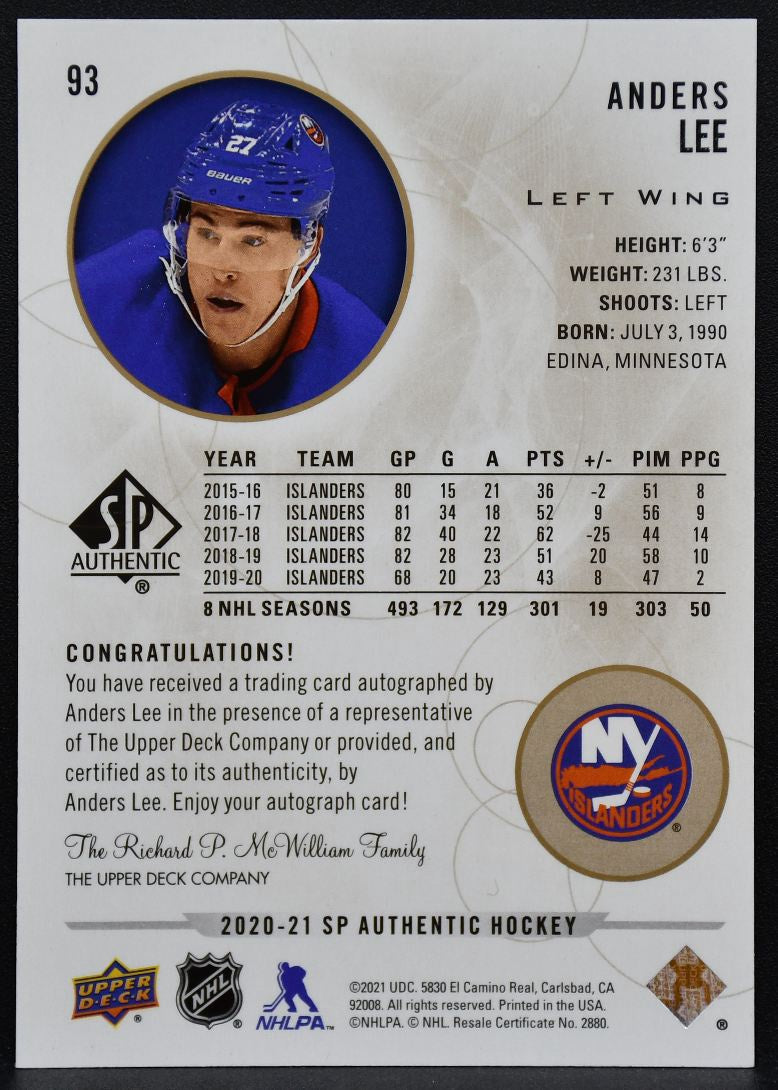 2020-21 SP Authentic Limited Autographs Anders Lee 93 Islanders Auto 8959
