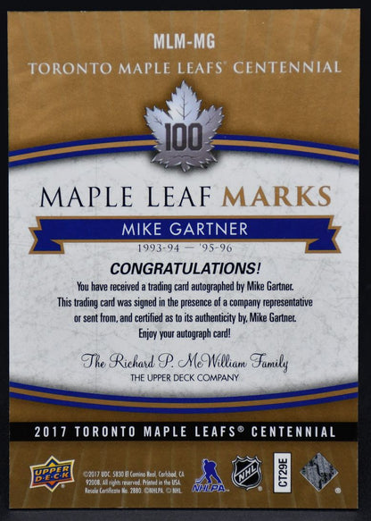 2017-18 UD Toronto Maple Leafs Centennial Leaf Marks Mike Gartner MLM-MG Auto