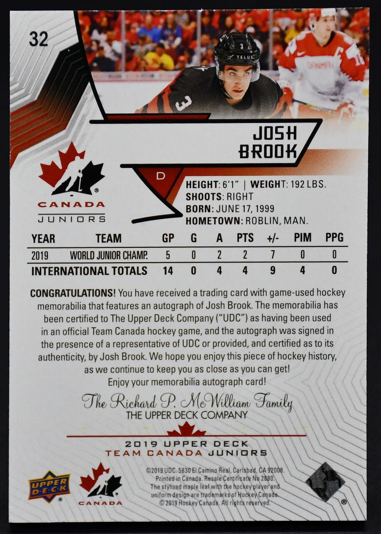 2019-20 UD Team Canada Juniors Auto Patch Josh Brook 32 Auto /199 Patch