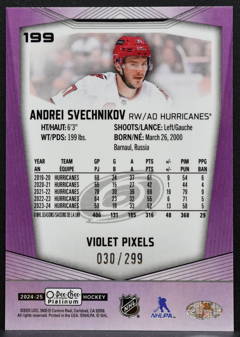2024-25 O-Pee-Chee Platinum Violet Pixels Andrei Svechnikov Hurricanes 1556