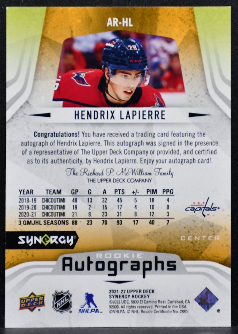 2021-22 UD Synergy Autographs Rookies Hendrix Lapierre Capitals RC Auto 6952