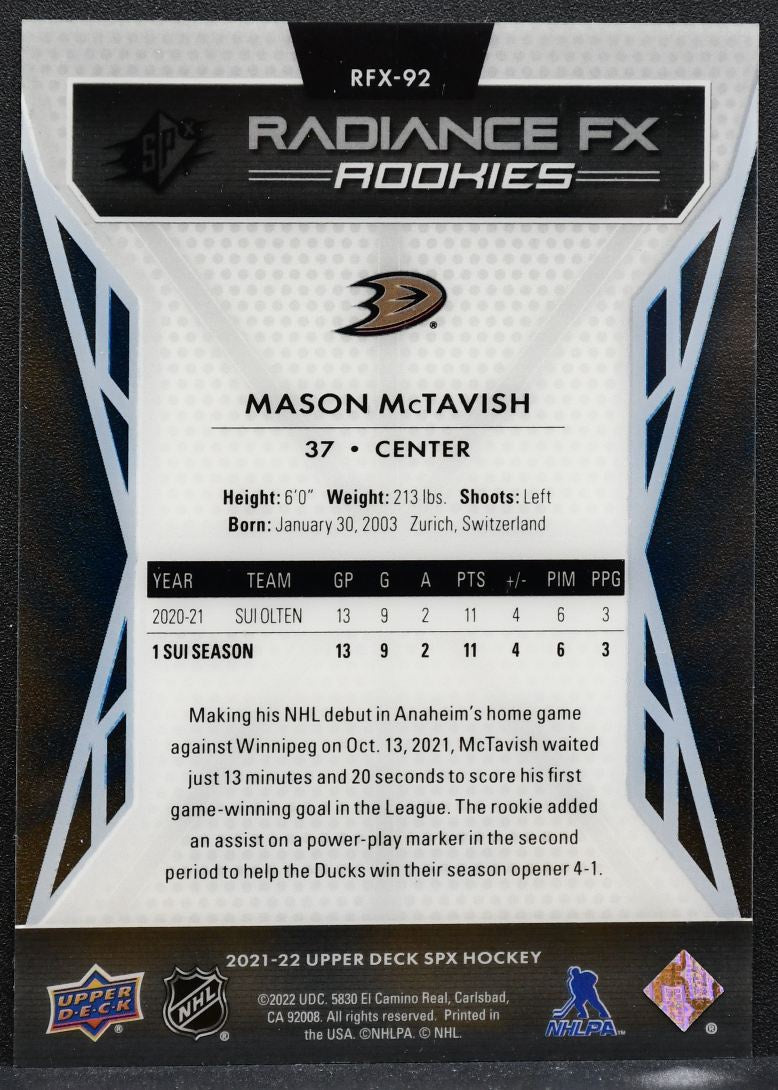 2021-22 SPx Radiance FX Rookies Mason McTavish RFX-92 Anaheim Ducks RC 8815