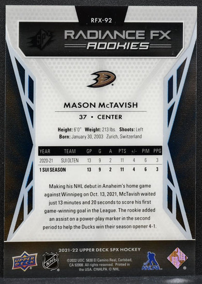 2021-22 SPx Radiance FX Rookies Mason McTavish RFX-92 Anaheim Ducks RC 8815