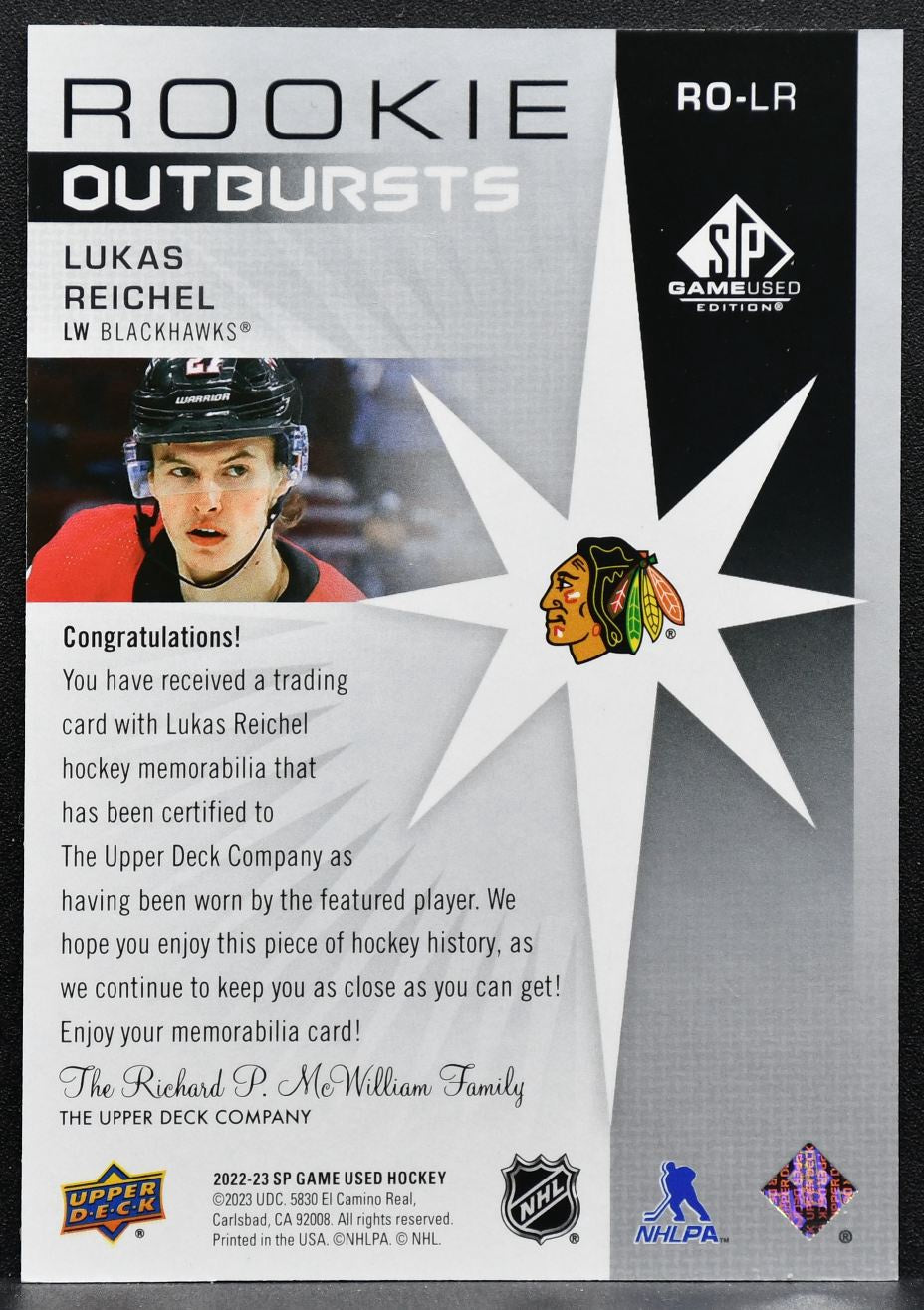 2022-23 SP Game Used Rookie Outbursts Lukas Reichel Blackhawks RC Jersey 3420