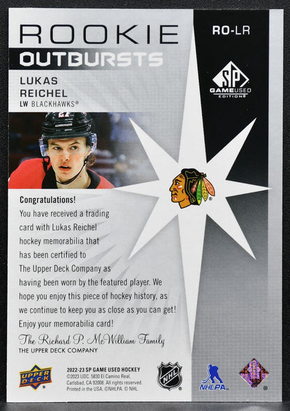 2022-23 SP Game Used Rookie Outbursts Lukas Reichel Blackhawks RC Jersey 3420
