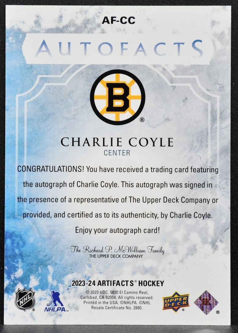 2023-24 Upper Deck Artifacts Auto Facts Charlie Coyle AF-CC Bruins Auto 3147