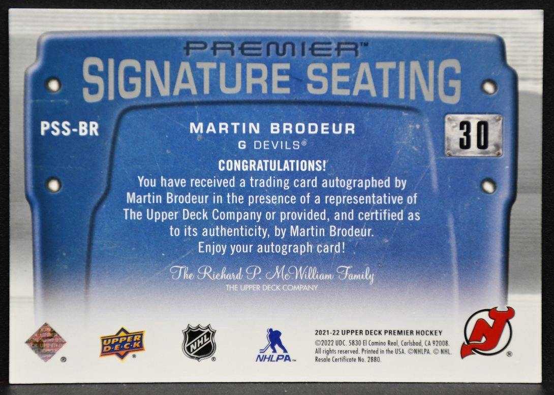 2021-22 Upper Deck Premier Signature Seats Martin Brodeur PSS-BR Auto 1104